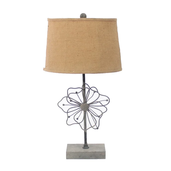 11-Inch Tan Country Cottage Table Lamp with Blooming Flower Pedestal & Round Khaki Linen Shade