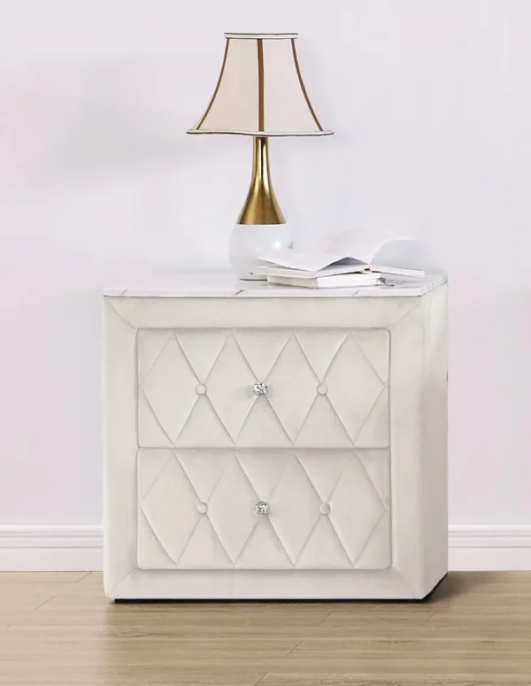 1 Piece Faux Marble Top Nightstand with 2 Drawers - Elegant Ivory Finish & Button Tufted Design