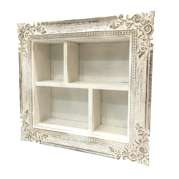 28 Inch Rectangular Wall Mount Mango Wood Shelf, 4 Compartments, Floral Carving, Distressed White