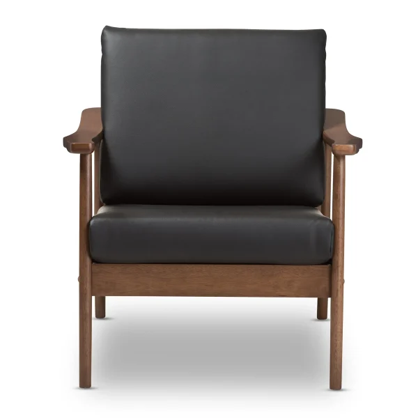 Venza Mid-Century Modern Lounge Chair in Walnut Wood & Black Faux Leather for Cozy Spaces