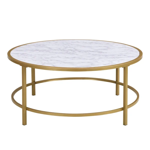 36 Stunning White Faux Marble Round Coffee Table with Elegant Gold Metal Frame for Any Space