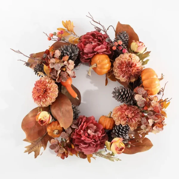 Faux 28 Inch Peony & Pumpkin Wreath - Vibrant Fall Decor with Pine Cones for Cozy Home Charm