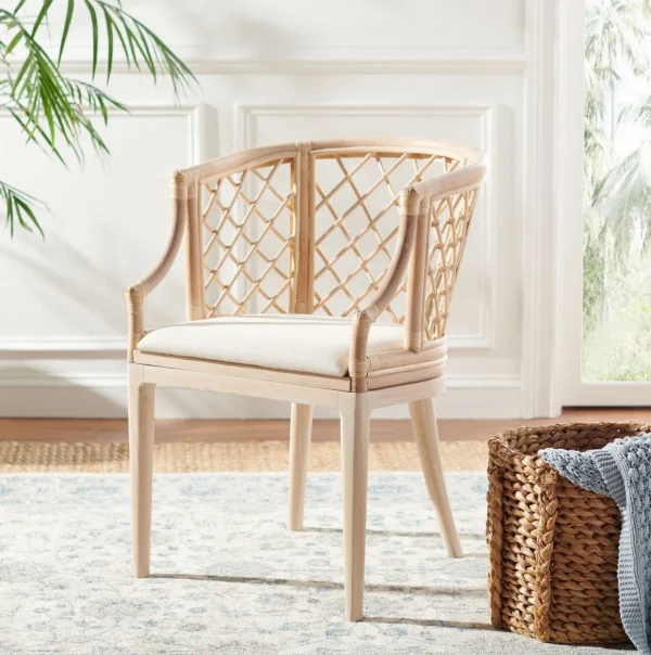Carlotta Arm Chair: Coastal Chic Design with Whitewash Rattan & Luxurious Cotton Cushion Comfort