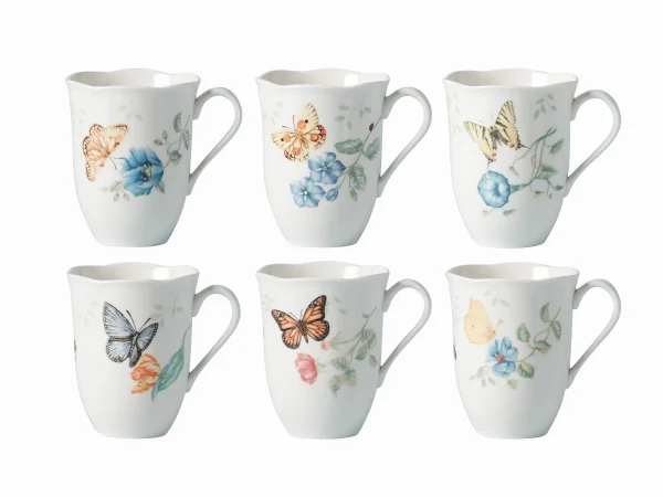 Butterfly Meadow 6-Piece Porcelain Mug Set, Scalloped Rim, Dishwasher & Microwave Safe