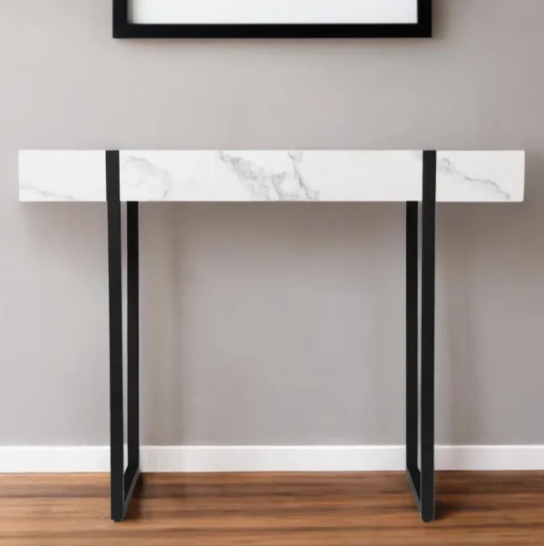 39 White and Black Faux Marble Sled Console Table – Stylish, Durable, Multi-Functional for Any Space