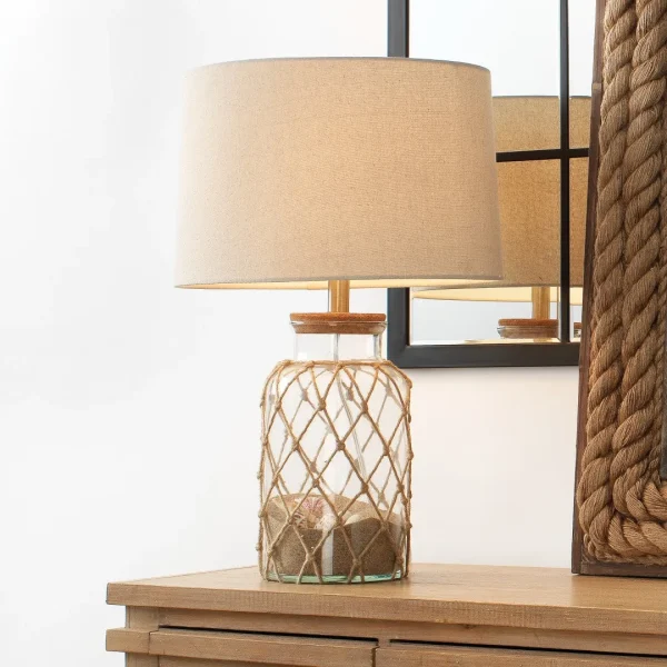 Hugo Hand-Blown Glass Table Lamp with Taupe Linen Shade, Unique Jute Wrap, 3-Way Switch & More!
