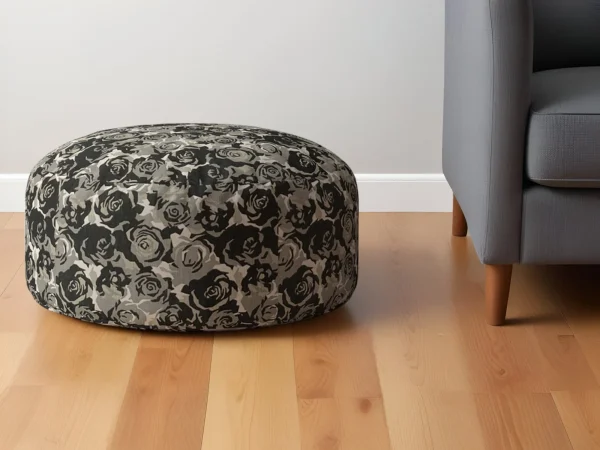 24 Beige Canvas Round Floral Pouf Ottoman - Chic, Versatile Footrest & Extra Seat for Any Room