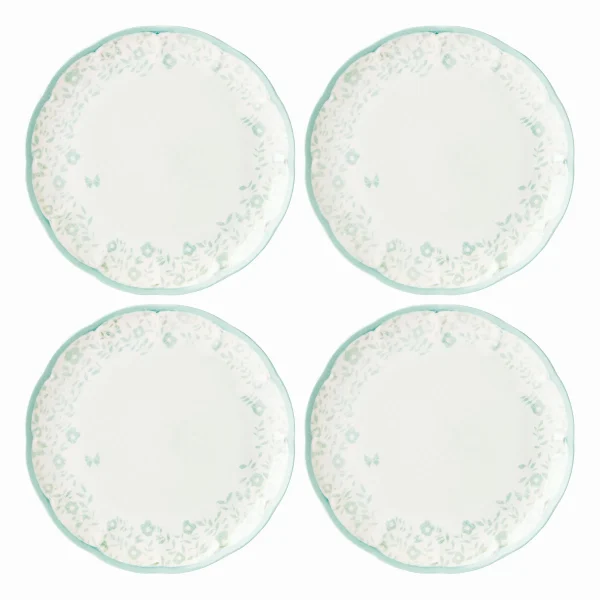 Butterfly Meadow Cottage Sage Floral Porcelain Dinner Plates, Set of 4, Scalloped Edges