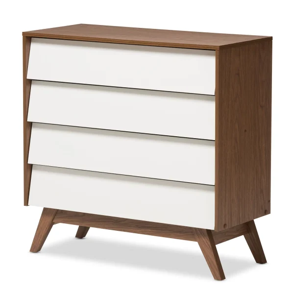 Hildon Mid-Century Modern White and Walnut Storage Chest with Stylish Slanted Drawers and Legs