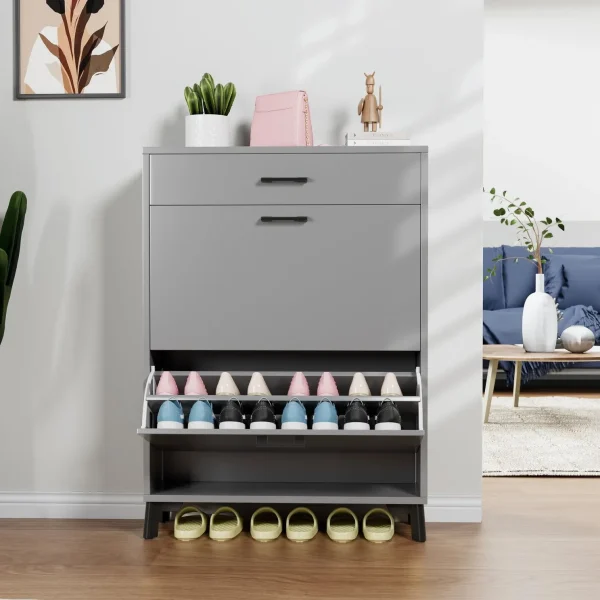 Shoe Storage Cabinet - Stylish Gray Organizer with Flip Drawers, Space-Saving Design For Entryways