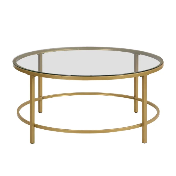 36 Gold and Clear Glass Round Coffee Table – Stylish, Sturdy Design for Modern Living Spaces