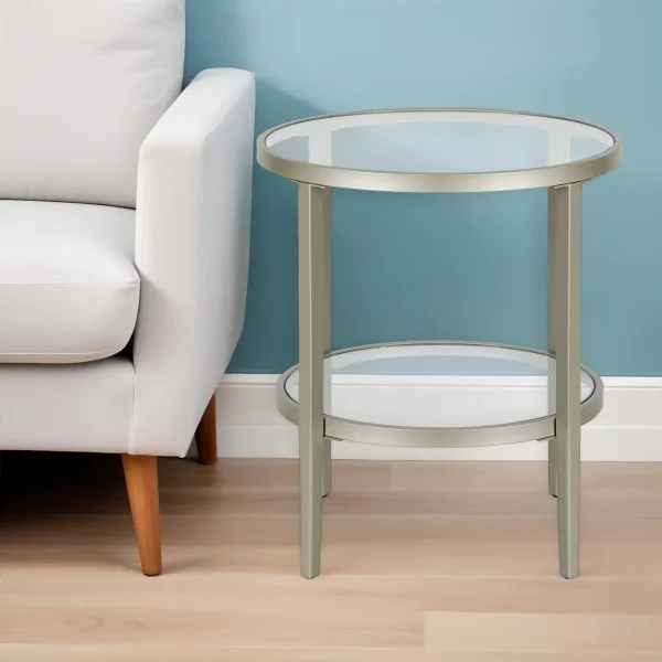 24 Stylish Nickel and Clear Glass End Table with Shelf - Versatile Round Design for Home Decor