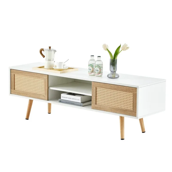 55.12 Rattan TV Cabinet w/ Sliding Doors & Adjustable Shelf