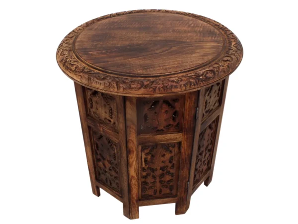 18 Inch Mango Wood Folding Accent Table, Hand Carved, Walnut Brown