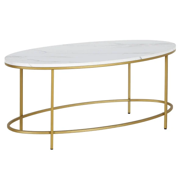 42 Elegant White and Gold Faux Marble Oval Coffee Table - Stylish, Durable Design for Living Rooms