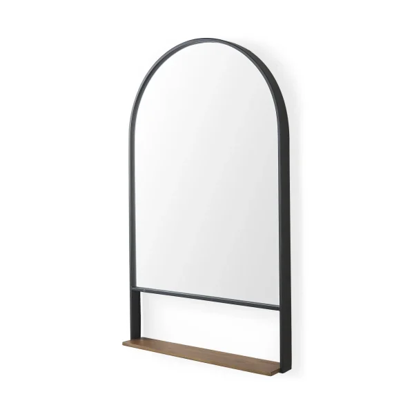 Cora 40 Arched Wall Mirror with Black Metal Frame & Brown Wooden Shelf for Modern Spaces