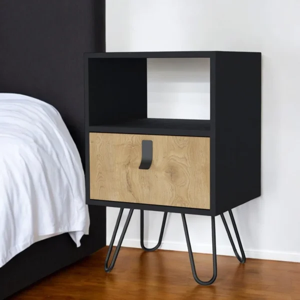 30 Stylish Black and Natural Faux Wood Nightstand with Drawer & Shelf for Elegant Bedroom Storage