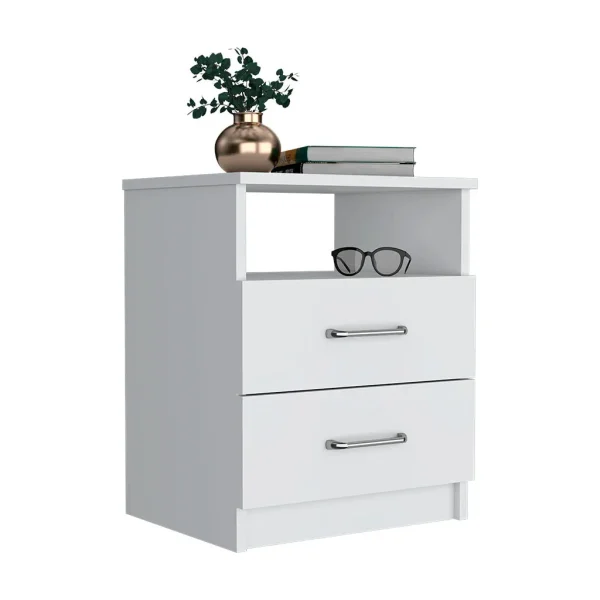 Olienza White Nightstand with 2 Drawers, Shelf | 19.9H