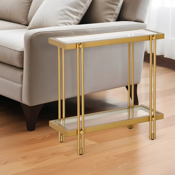 24 Stylish Brass and Clear Glass End Table with Shelf – Perfect Accent for Any Room Decor!