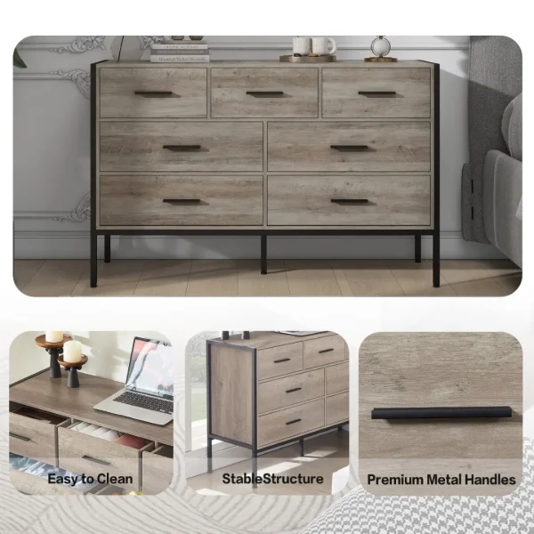 Rustic Grey Wood Dresser with 7 Drawers, Sturdy Steel Frame, 48W x 15.75D x 31.22H