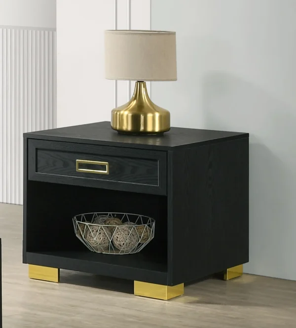 1 Piece Modern Square End Table with Open Shelf & Drawer - Stylish Black & Gold Accent Furniture Piece