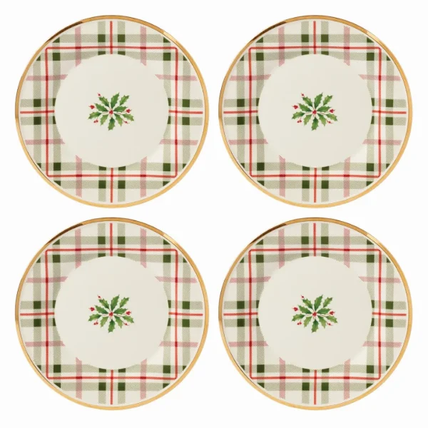 Holiday Plaid Porcelain Accent Plates, Set of 4, 24k Gold Details, Dishwasher Safe