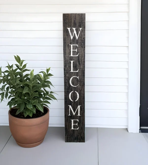 5' Rustic Black and White Welcome Sign - Charming Distressed Wood Porch Decor for a Stylish Entryway
