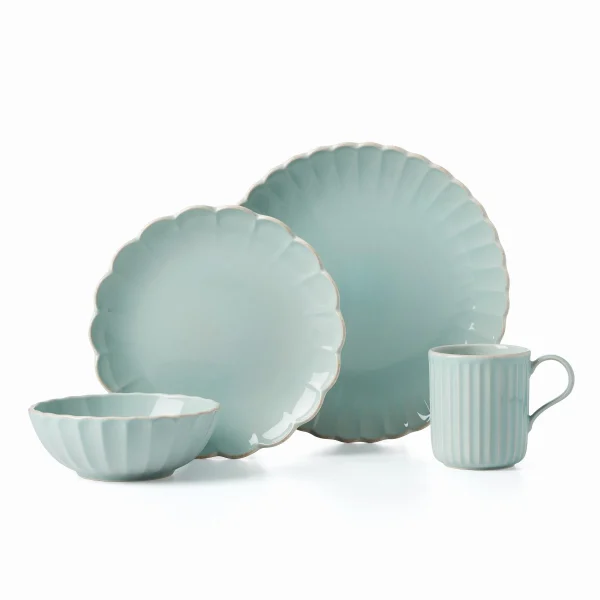French Perle Scallop Ice Blue Stoneware 4-Piece Set, Dishwasher & Microwave Safe