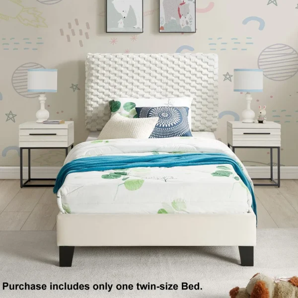 Findlay Plush 3D Upholstered Twin Bed - White Dove, Height-Adjustable Headboard