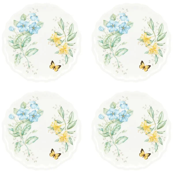 Butterfly Meadow Melamine Dinner Plate Set, 4-Pcs, Scalloped, Garden Illustration, Dishwasher Safe