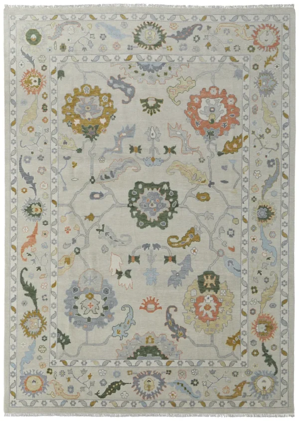 Hand-Knotted Floral Area Rug in Gray and Gold - Stain Resistant, Timeless Design for Home