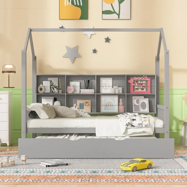 Wooden Playhouse Twin Bed with Trundle & Shelf for Kids' Dream Space