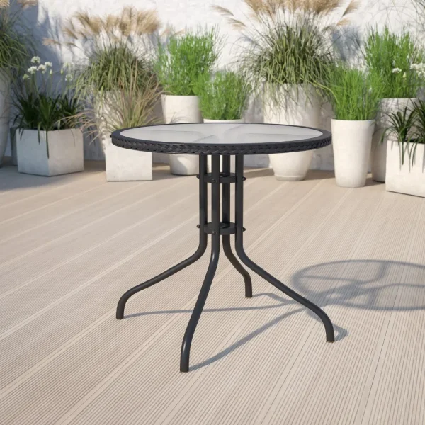 28'' Round Tempered Glass Patio Table with Rattan Trim