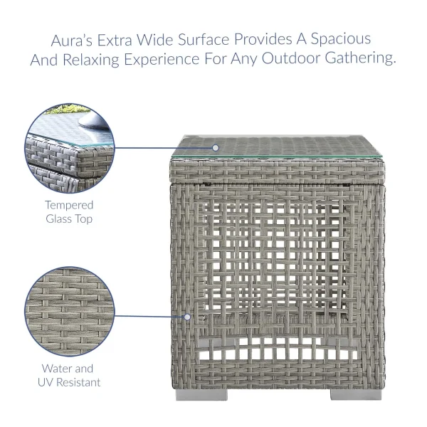 Aura Outdoor Patio Side Table - Stylish Gray Wicker Rattan, Durable Glass Top, Perfect for Gatherings
