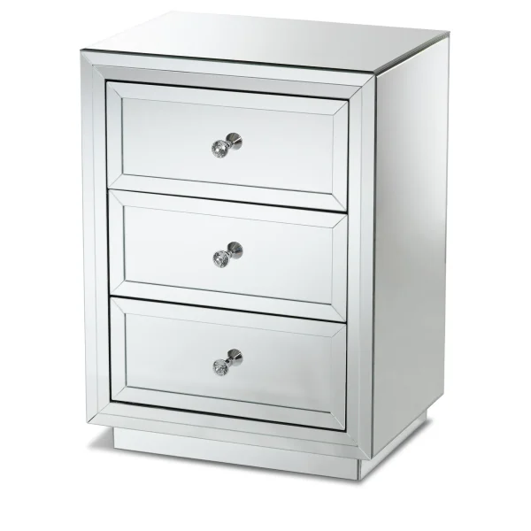 Lina Mirrored Nightstand - Glamorous Three Drawer Bedside Table with Crystal Knobs & Beveled Glass