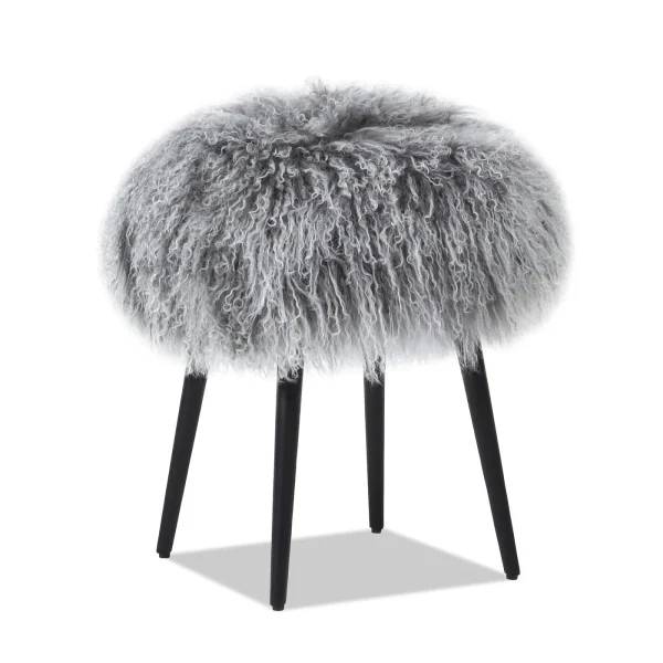 16 Gray Mongolian Sheepskin Ottoman - Elegant Design, Durable Frame