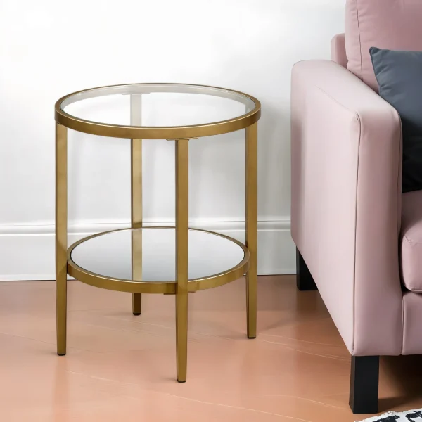 24 Antiqued Brass Round Mirrored End Table with Clear Glass Top and Stylish Shelf for Storage
