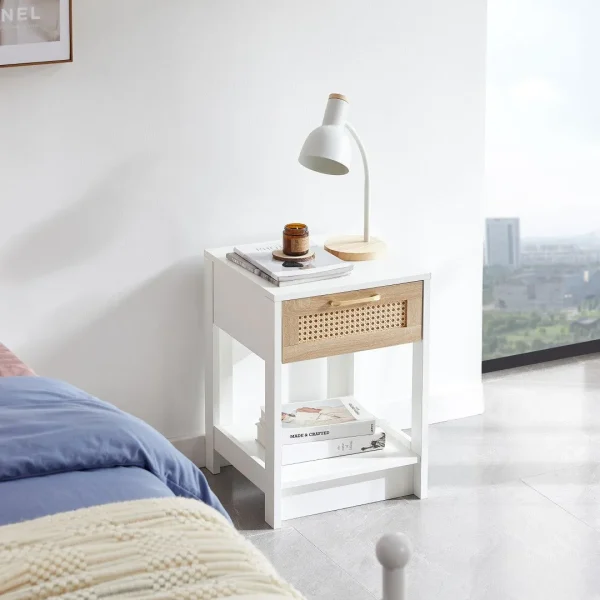 Modern White Rattan End Table with Drawer, 15.75 - Versatile & Stylish for Living Room, Bedroom
