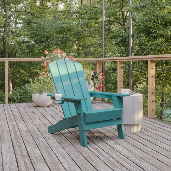 Blue Finish Adirondack Chair with Cup Holder - Weather Resistant HDPE, Holds 300 LBS