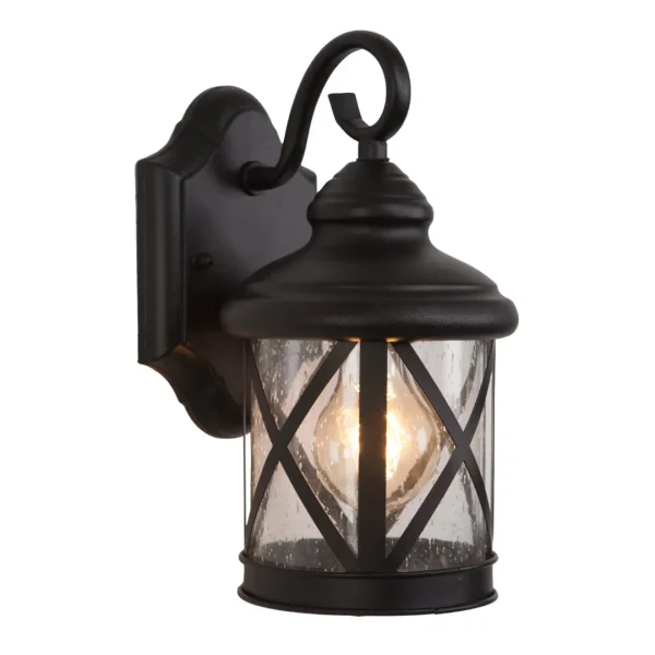 1 Light Modern Black Exterior Lantern with Clear Seeded-Glass Shade – Durable Steel Construction
